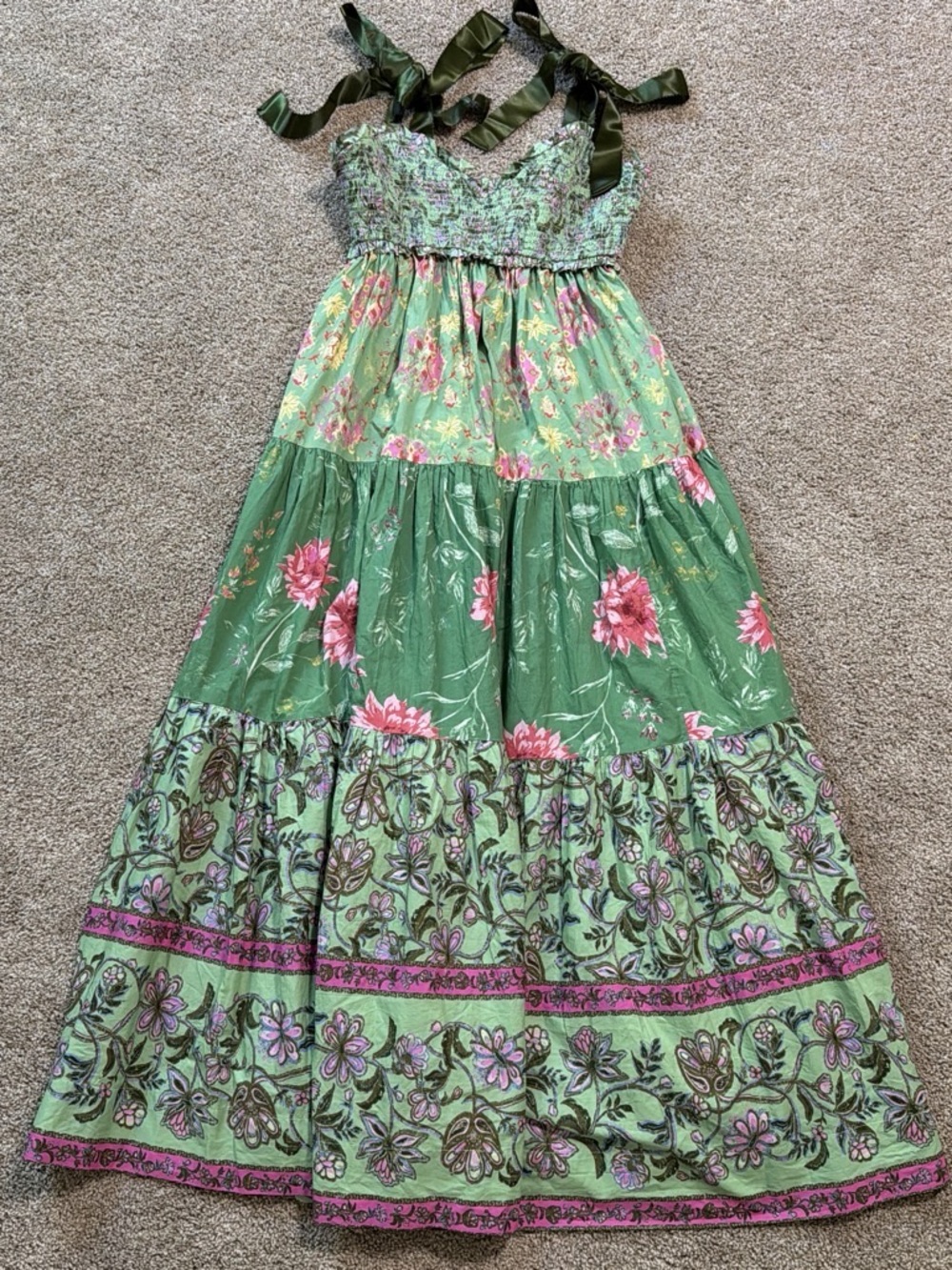 Free People Bluebell Maxi Dress Floral Green & Pink Large